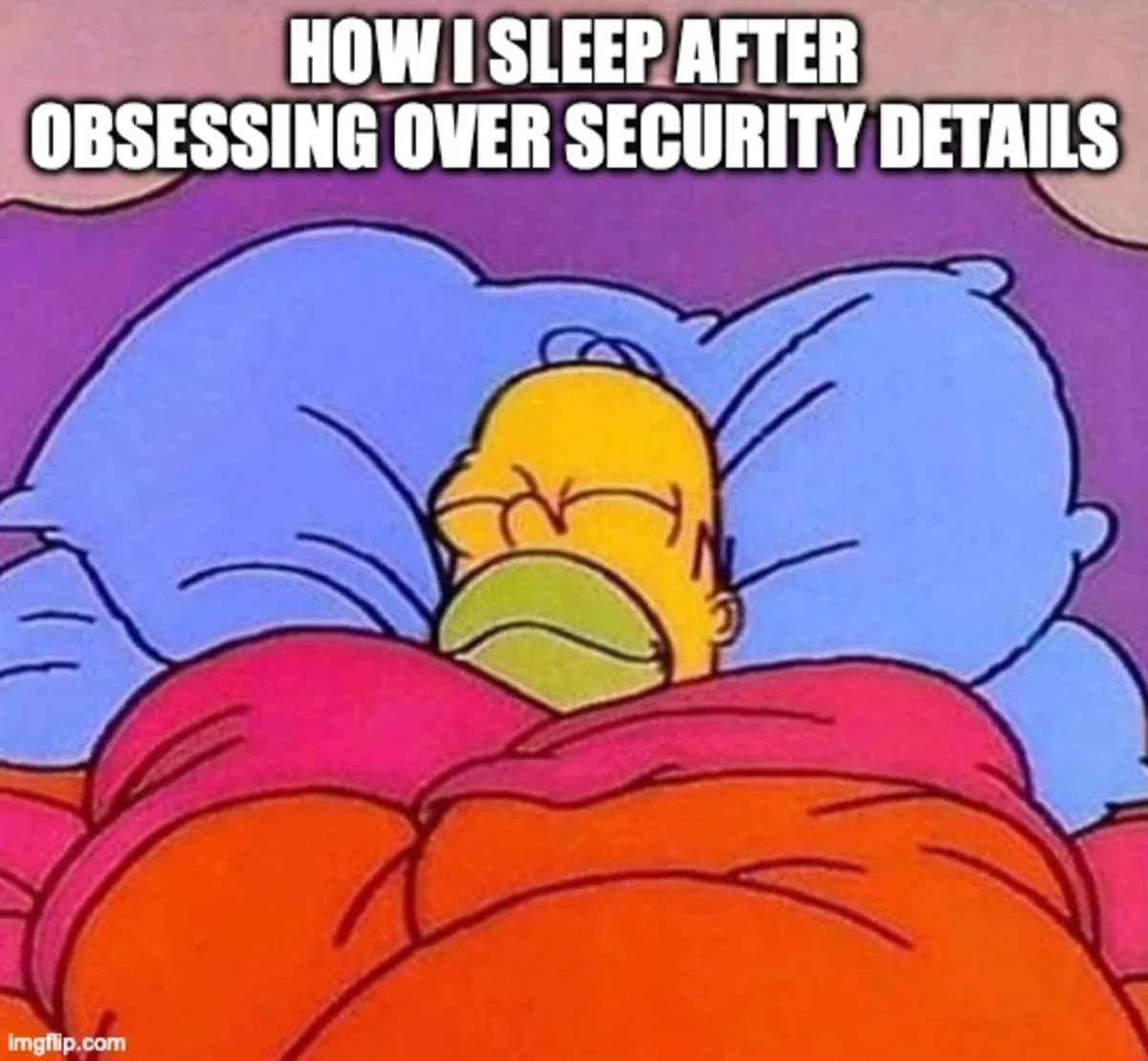 Homer Simpson sleeping peacefully with caption of "How I sleep after obsessing over security details"