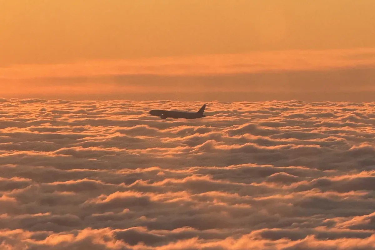 A plane flying above a blanket of clouds during a golden sunset